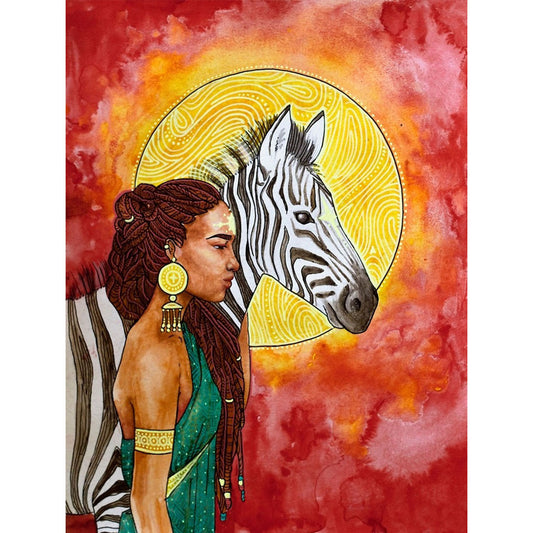 African Women And Zebra | Full Round Diamond Painting Kits