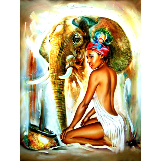 Femmes africaines et éléphant | Kits complets de peinture au diamant rond
