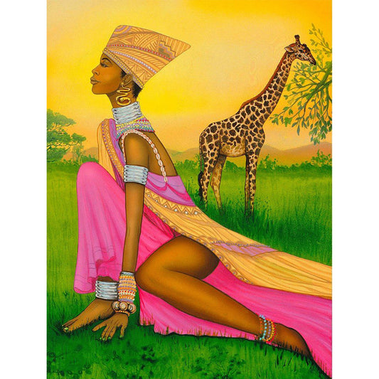 Femmes Africaines Et Girafe | Kits complets de peinture au diamant rond 