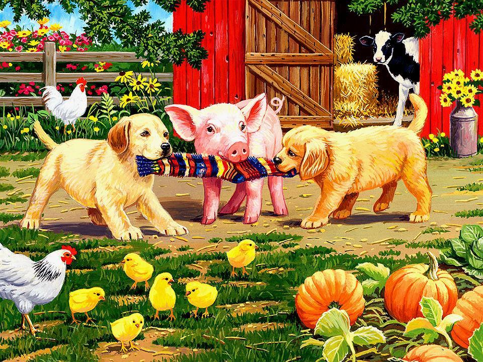 Chien de ferme et cochon | Kits complets de peinture au diamant rond 