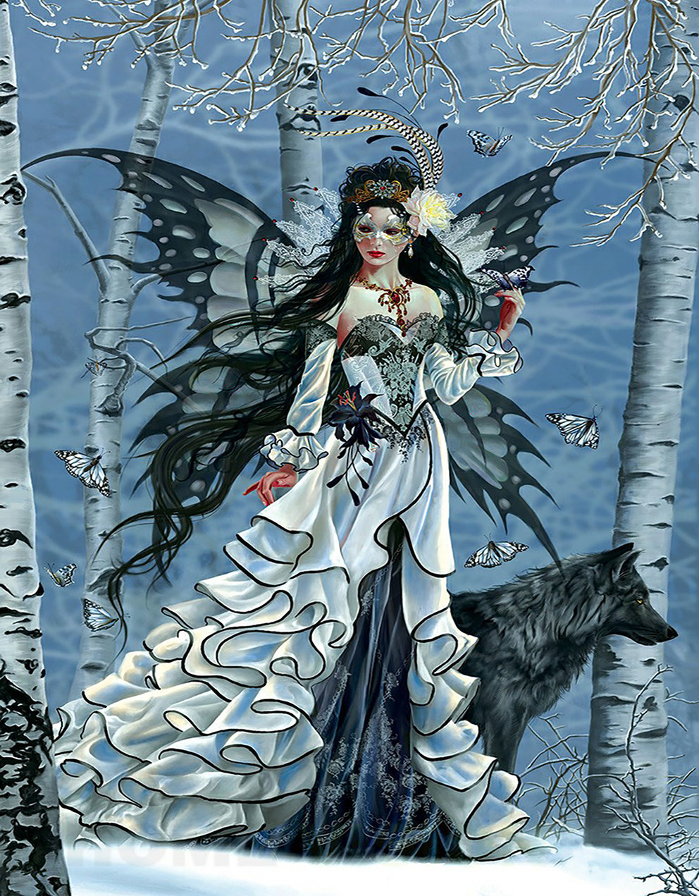 Femme papillon et loup | Kits complets de peinture au diamant rond 