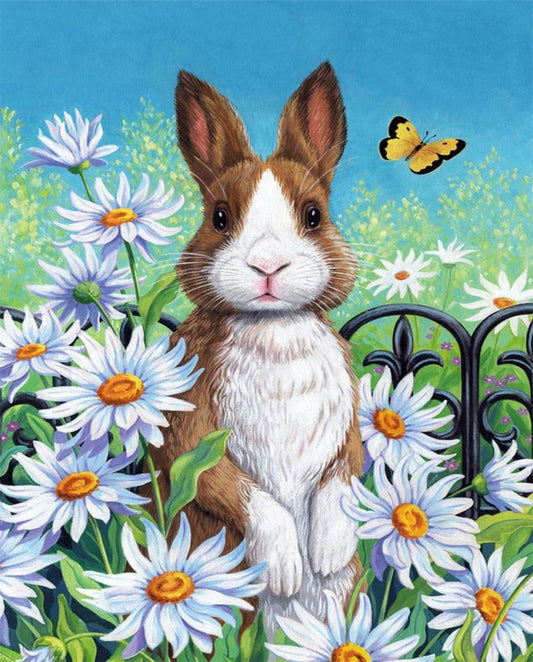 Rabbit and flowers | Full Round Diamond Painting Kits