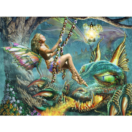 Elfenmädchen und Drache | Full Square Diamond Painting Kits 