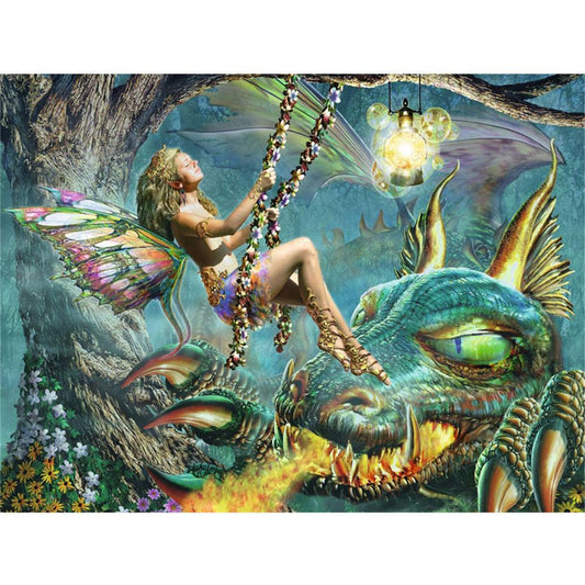 Fille Elfe et Dragon | Kits de peinture au diamant carré complet 