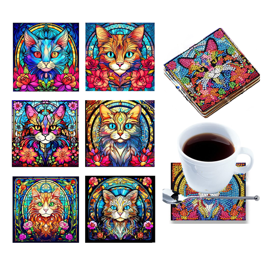 6 pcs set DIY Special Shaped Diamond Painting Coaster  | cat（no holder）