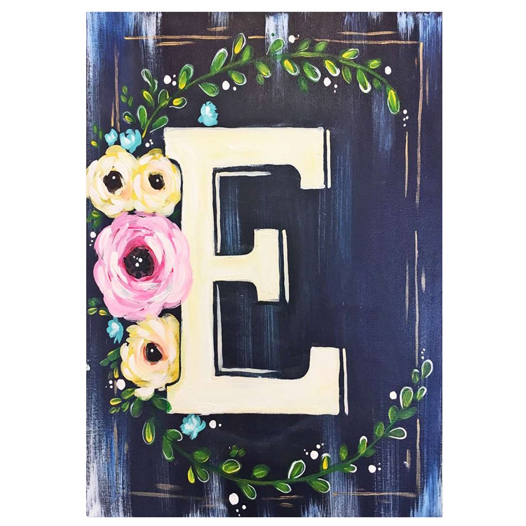 Fleur avec lettre E | Kits complets de peinture au diamant rond 