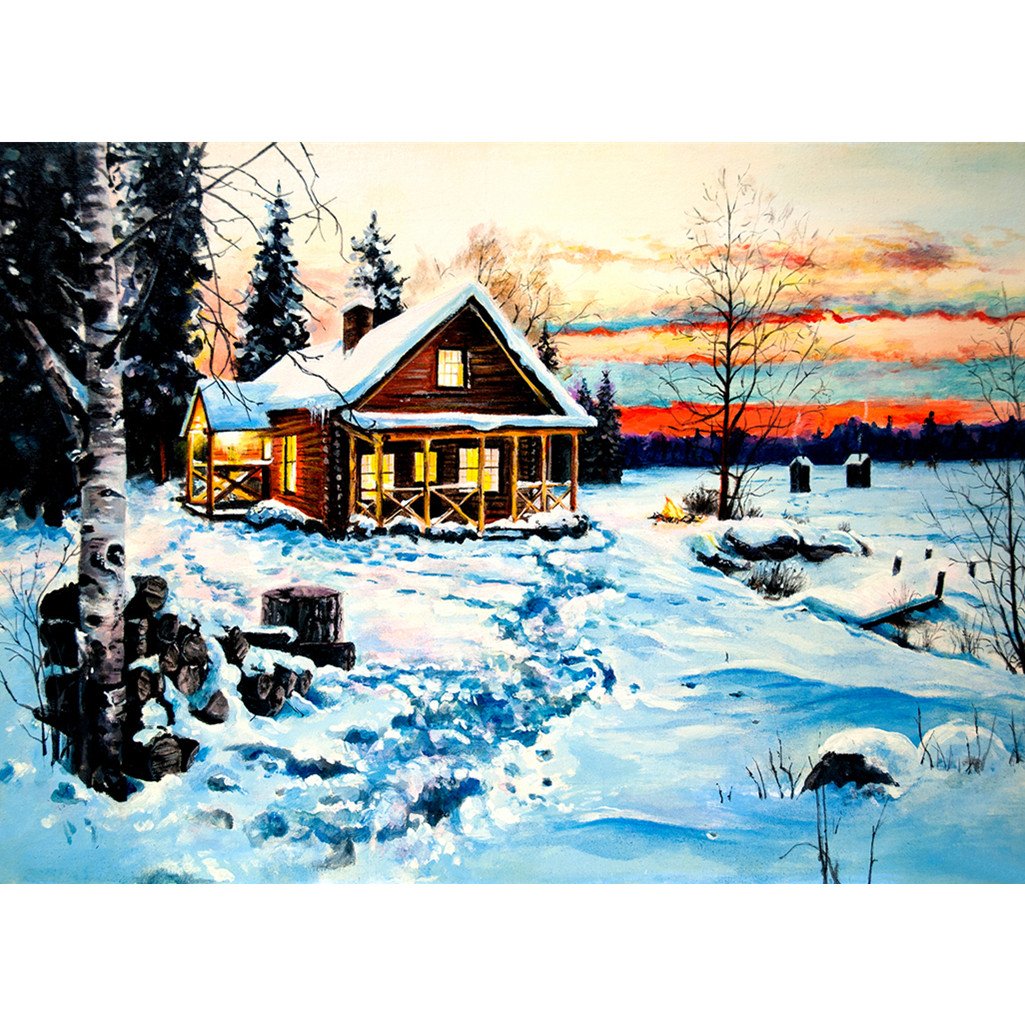 Cabane dans la neige | Kits complets de peinture au diamant rond 