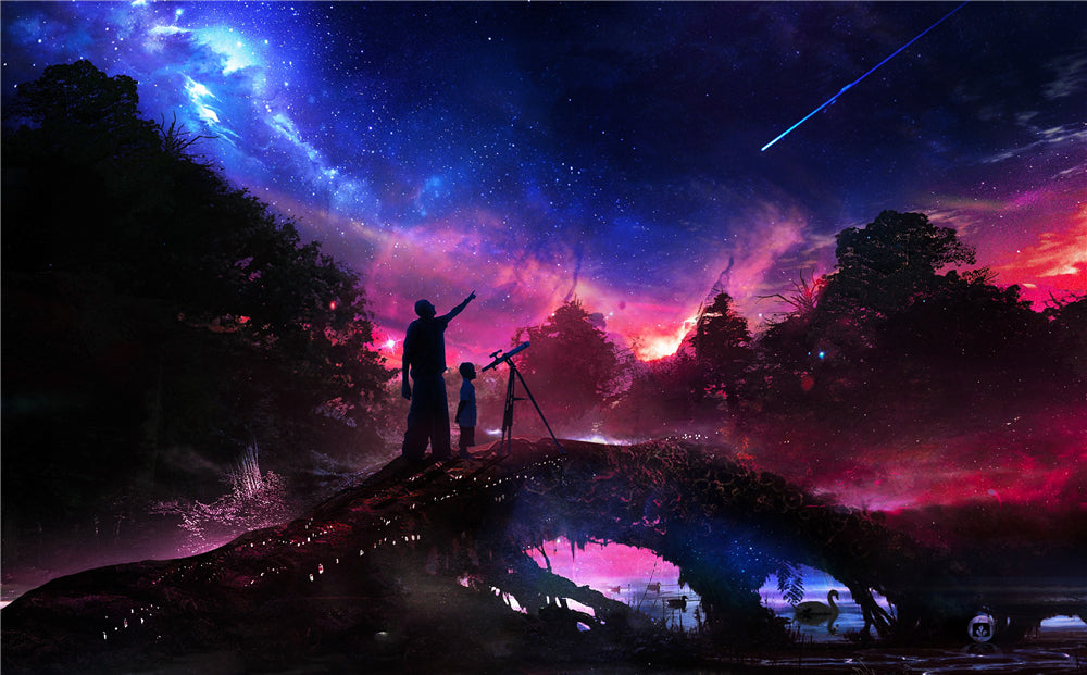 Père et fils regardant les étoiles filantes la nuit | Kit de peinture au diamant à cercle complet