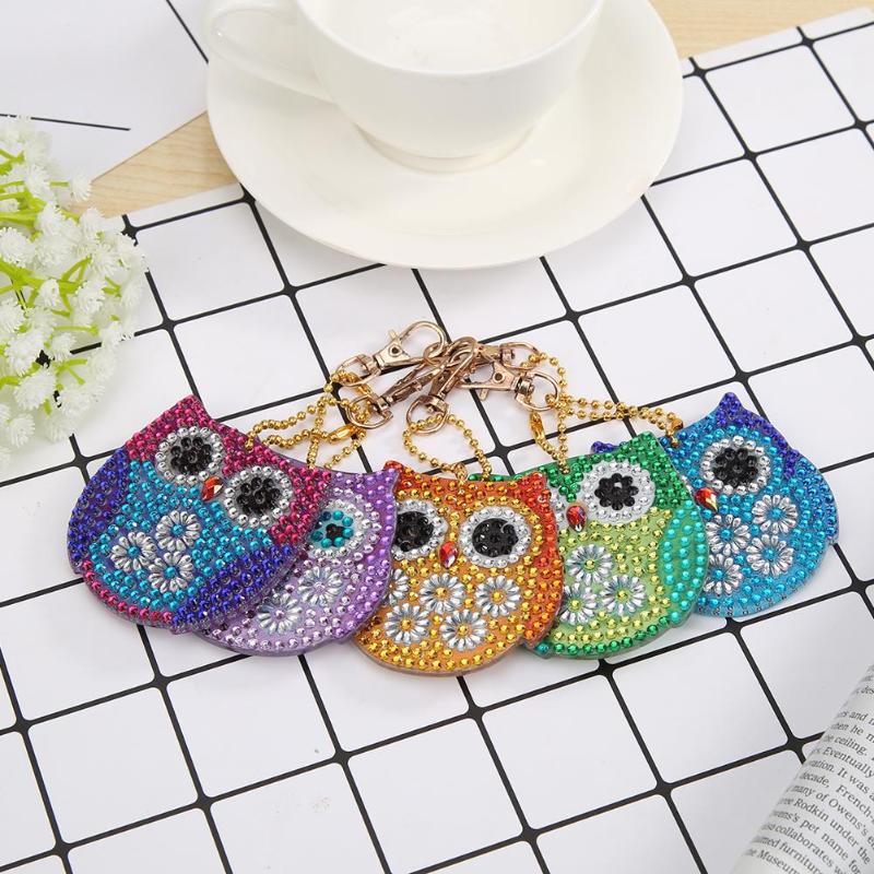 5pcs DIY Owl Sets Special Shaped Full Drill Diamond Painting Key Chain with Key Ring Jewelry Gifts for Girl Bags