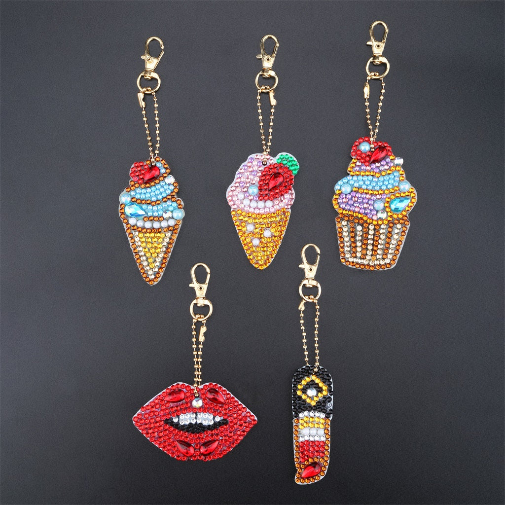 5pcs DIY Ice cream Sets Special Shaped Full Drill Diamond Painting Key Chain with Key Ring Jewelry Gifts for Girl Bags