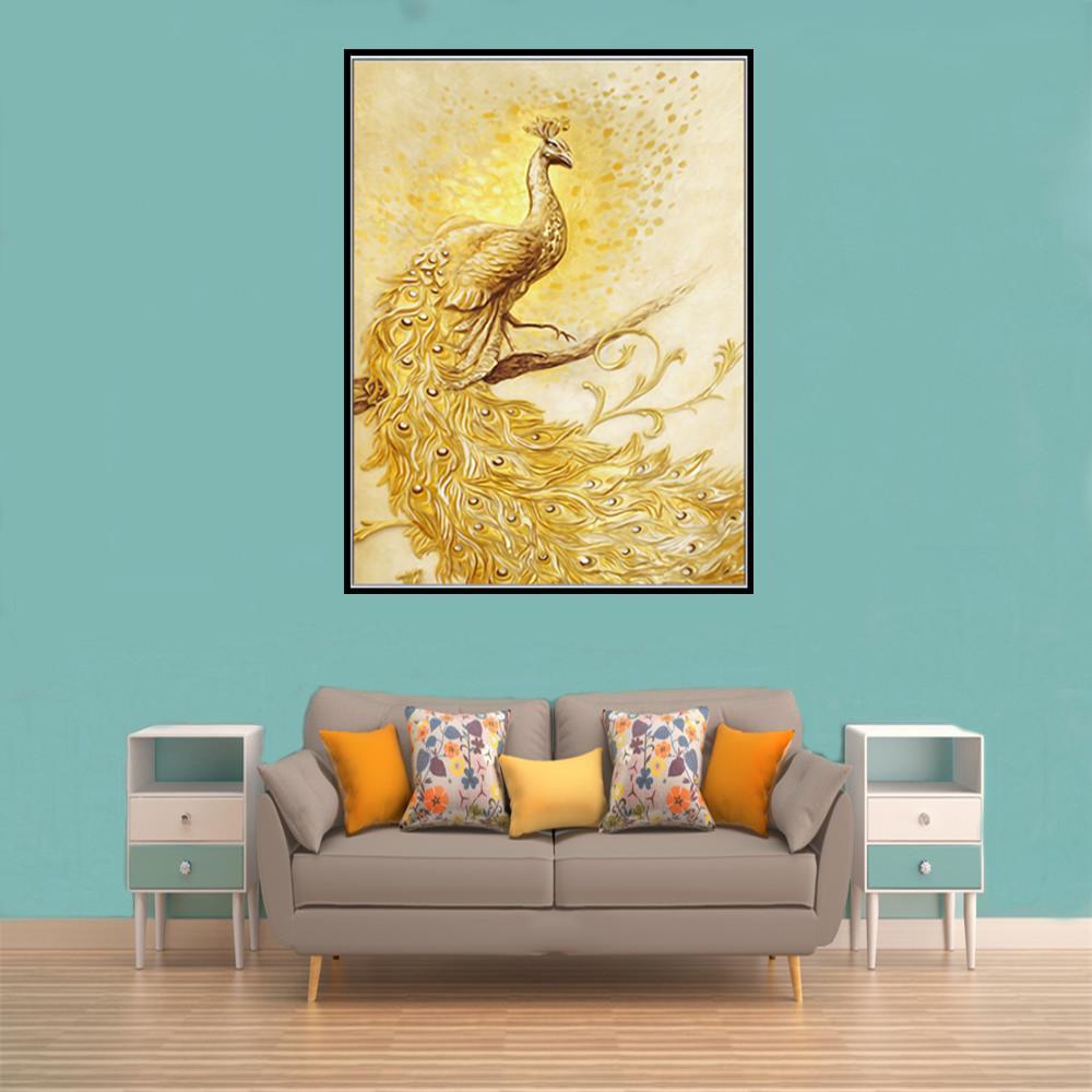 Golden Silk Peacock | Full Round Diamond Painting Kits