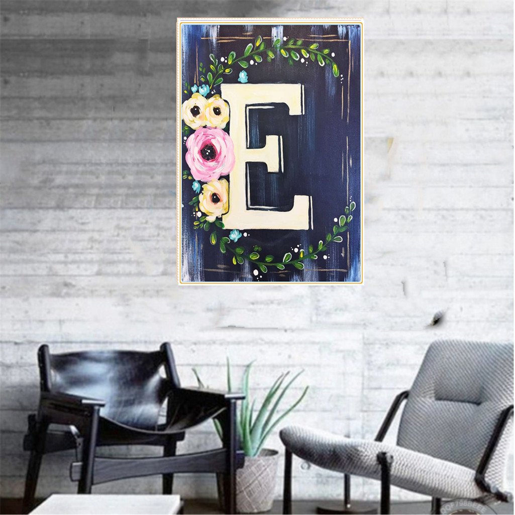 Fleur avec lettre E | Kits complets de peinture au diamant rond 