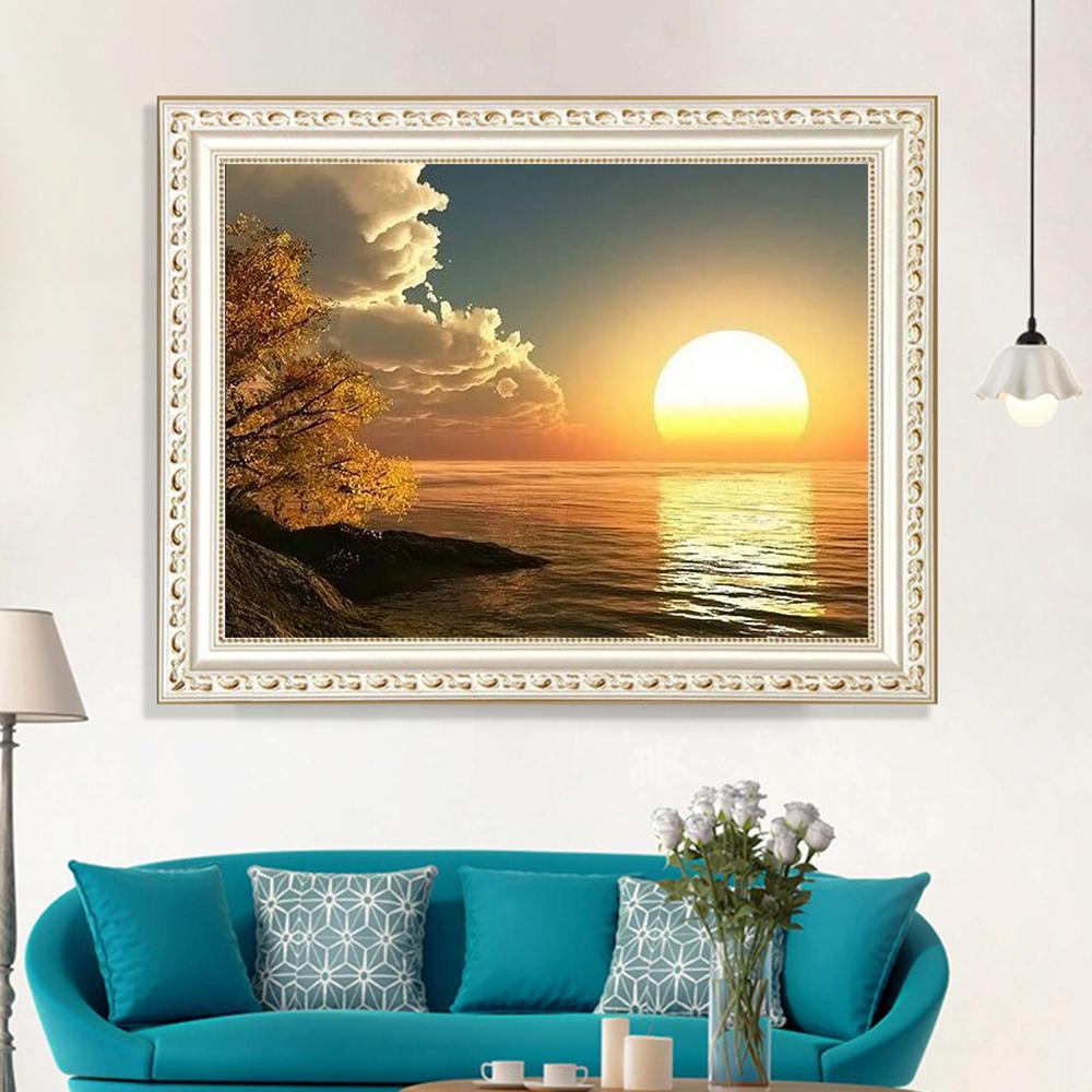 Coucher de soleil au bord de la mer | Kits complets de peinture au diamant rond 