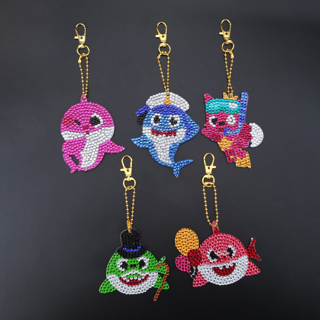 5pcs DIY Shark Sets Special Shaped Full Drill Diamond Painting Key Chain with Key Ring Jewelry Gifts for Girl Bags