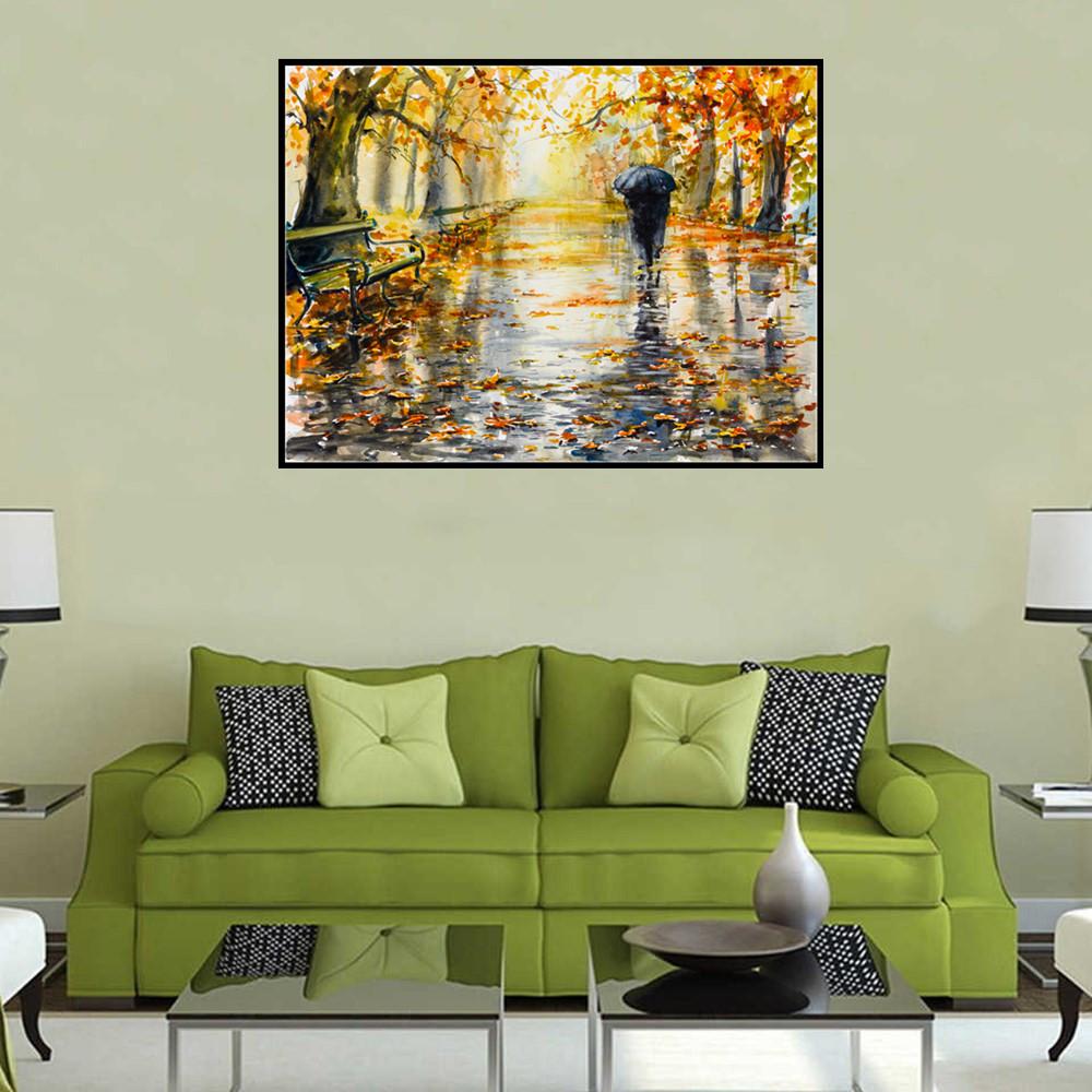 Paysage de pluie | Kits complets de peinture au diamant rond