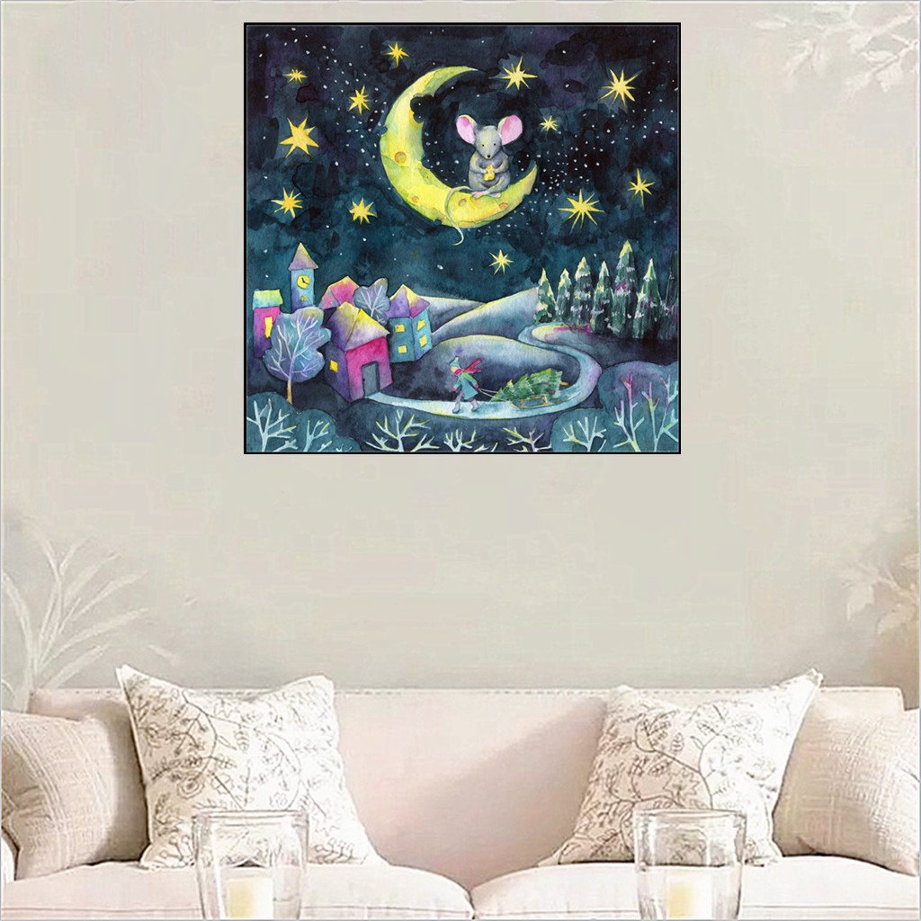 Souris sur la lune | Kits complets de peinture au diamant rond