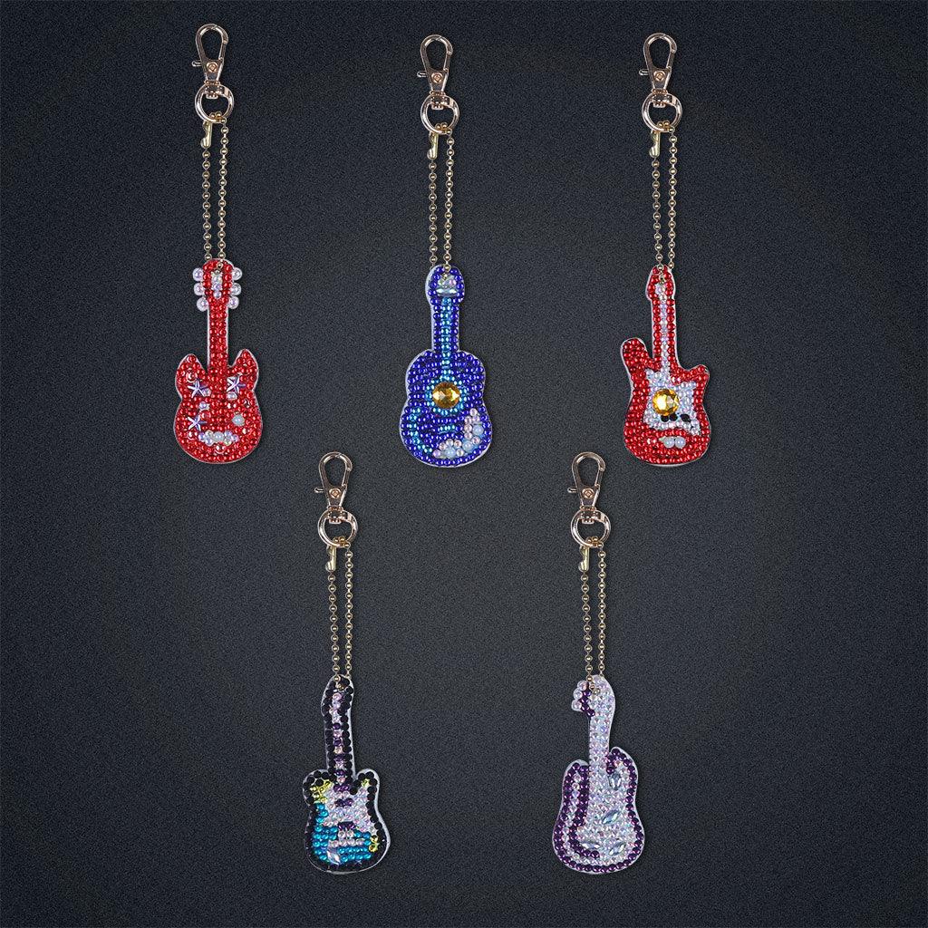 5pcs DIY Guitar Sets Special Shaped Full Drill Diamond Painting Key Chain with Key Ring Jewelry Gifts for Girl Bags