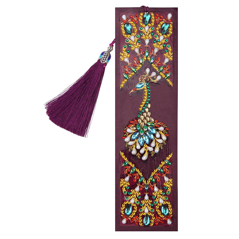 DIY Peafowl Special Shaped Diamond Painting Leather Bookmark with Tassel