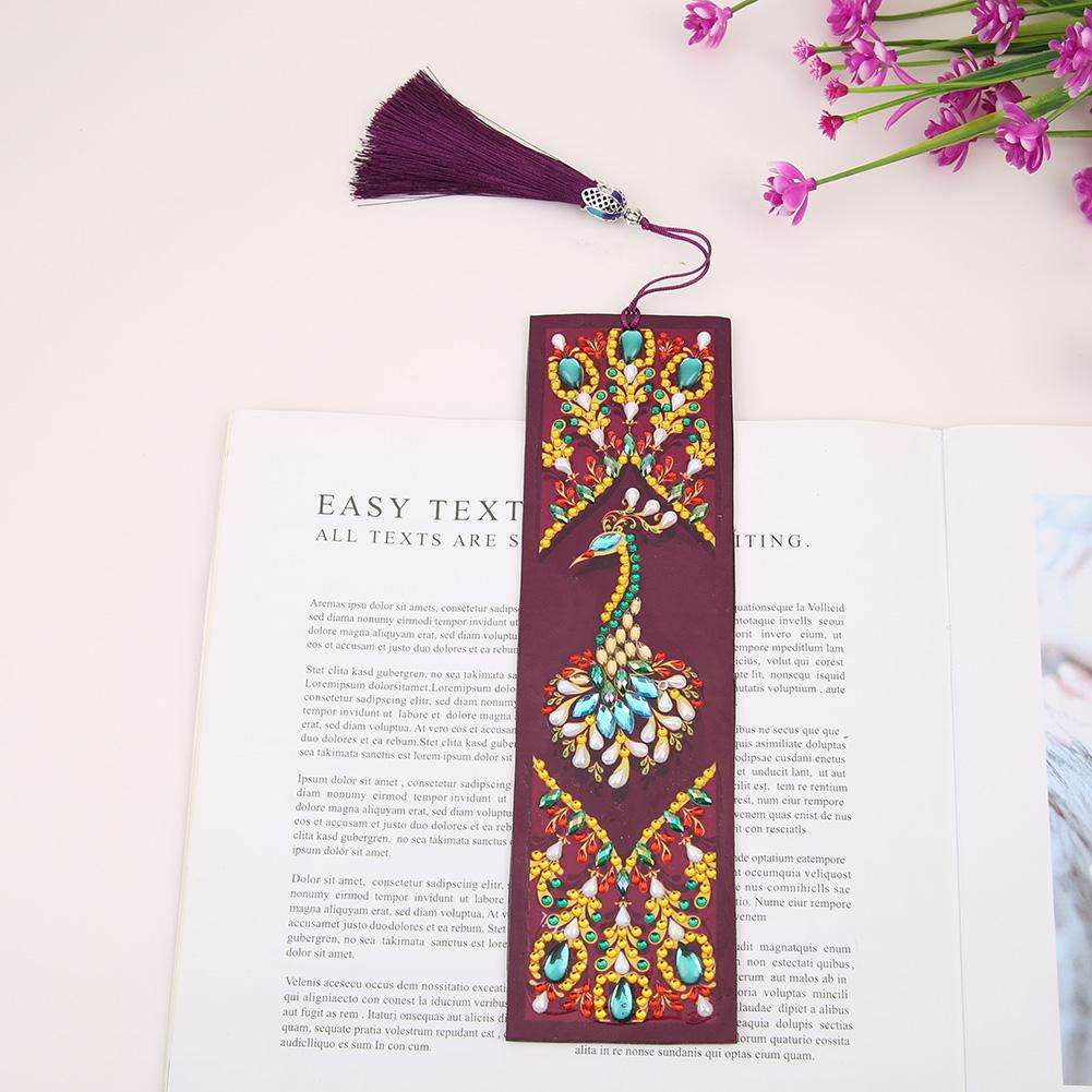 DIY Peafowl Special Shaped Diamond Painting Leather Bookmark with Tassel