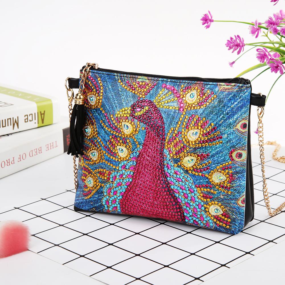 DIY peacock shaped diamond painting one-shoulder chain lady bag