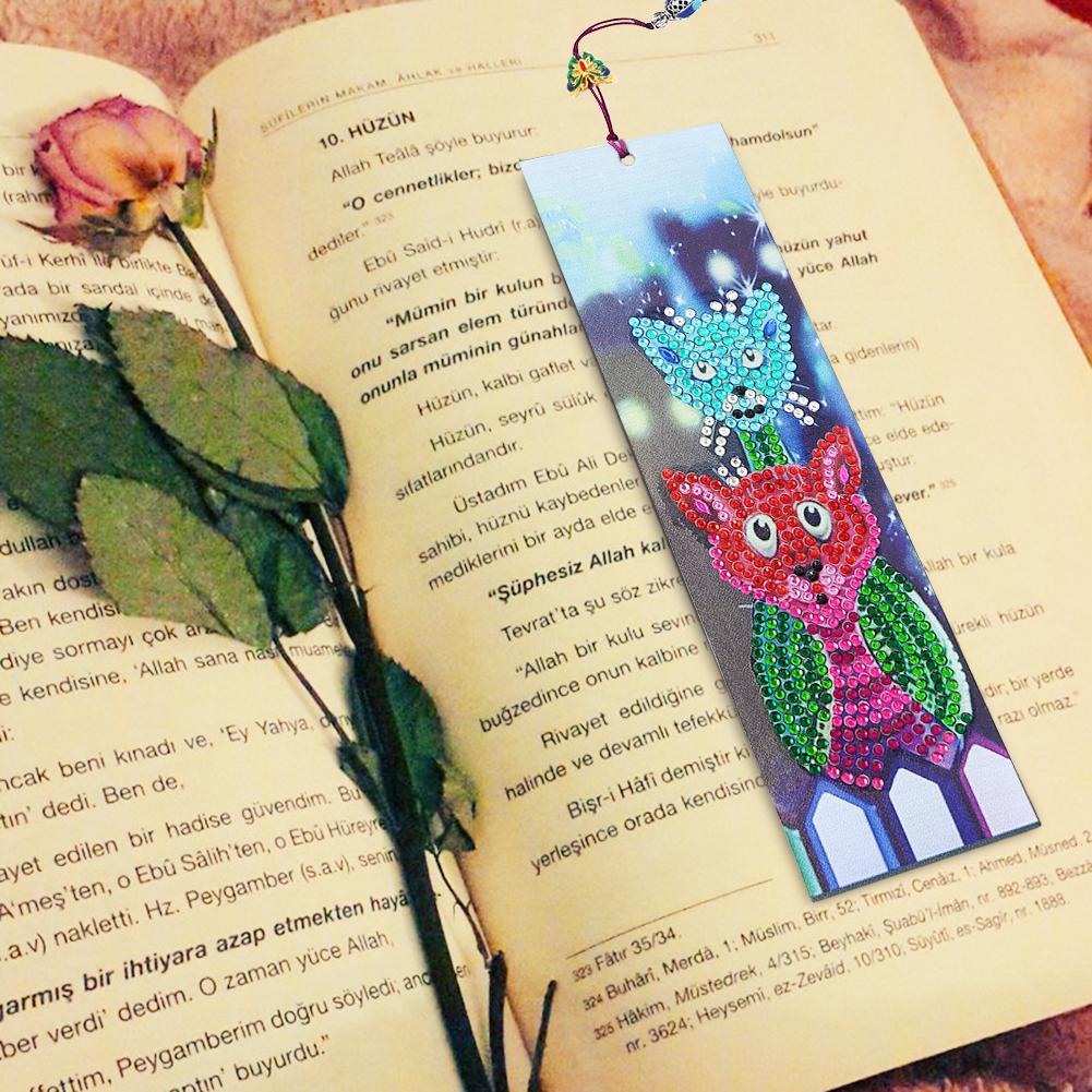 DIY Cute Cat Special Shaped Diamond Painting Leather Bookmark with Tassel