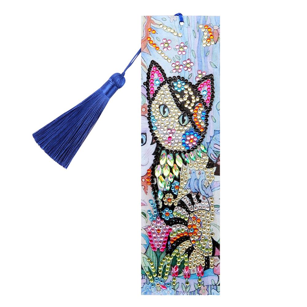 DIY Cat Special Shaped Diamond Painting Leather Bookmarks with Tassel Gifts