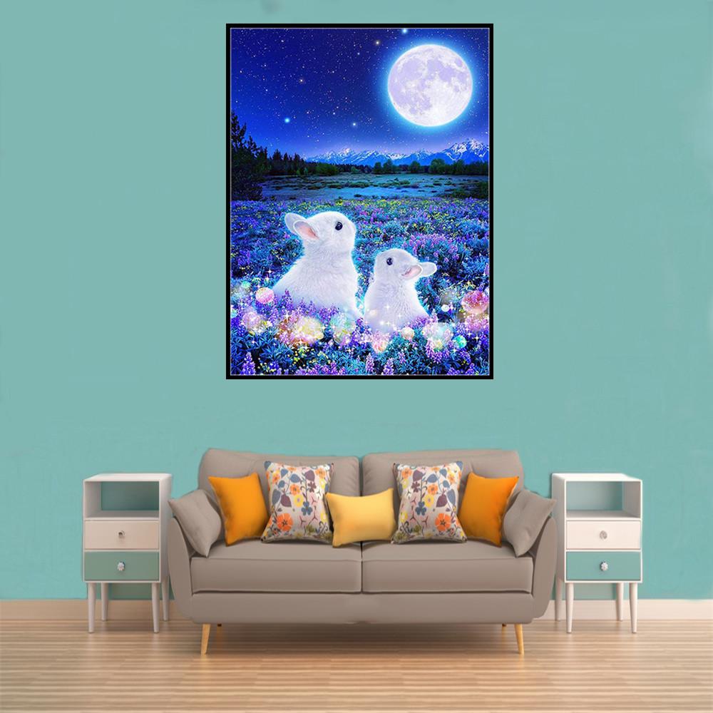 White rabbit and moon | Full Round Diamond Painting Kits