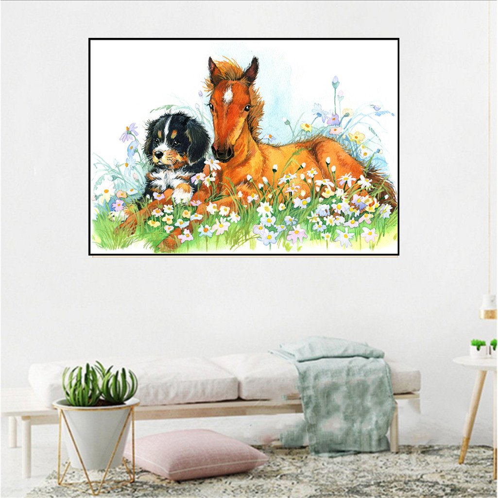 Chien et cheval | Kits complets de peinture au diamant rond