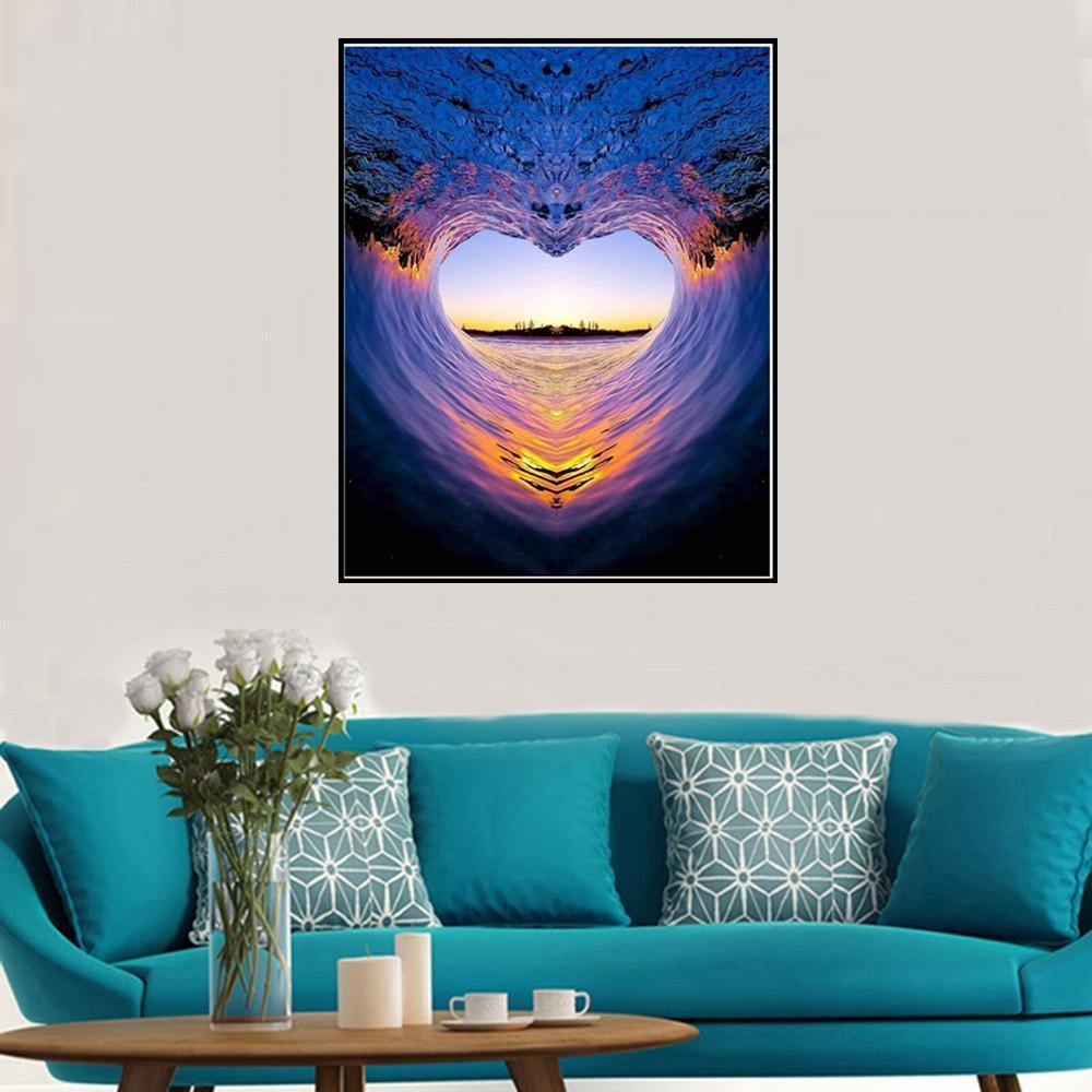 Coucher de soleil en forme de coeur | Kits complets de peinture au diamant rond