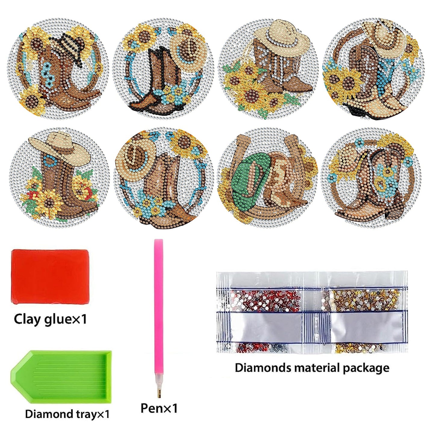8 pcs set DIY Special Shaped Diamond Painting Coaster  | Cowboys (no holder)