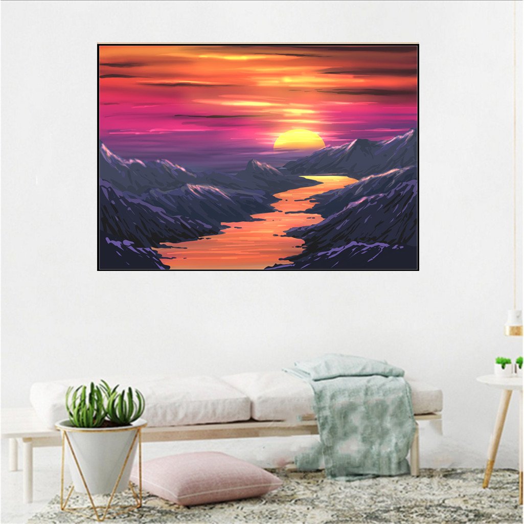 Rivière au coucher du soleil | Kits complets de peinture au diamant rond