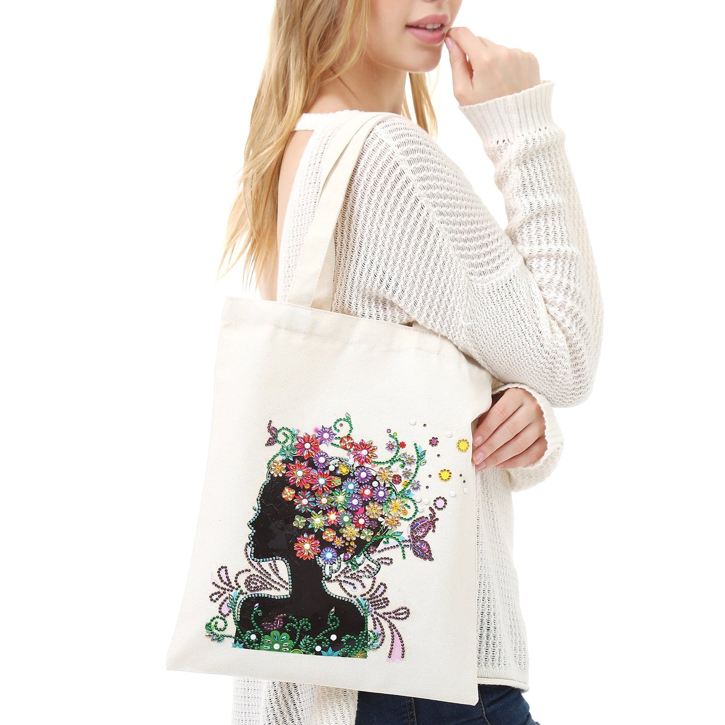 DIY Rhinestone Diamond Painting Flower Woman Tote Bag