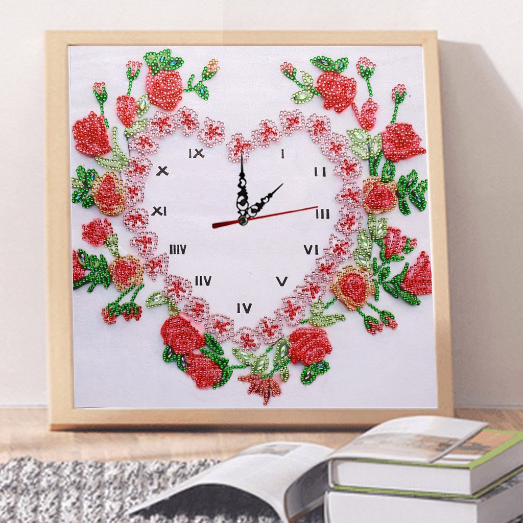 Rose Flower Clock | Special Shaped | Crystal Rhinestone  | Full Round Diamond Painting Kits