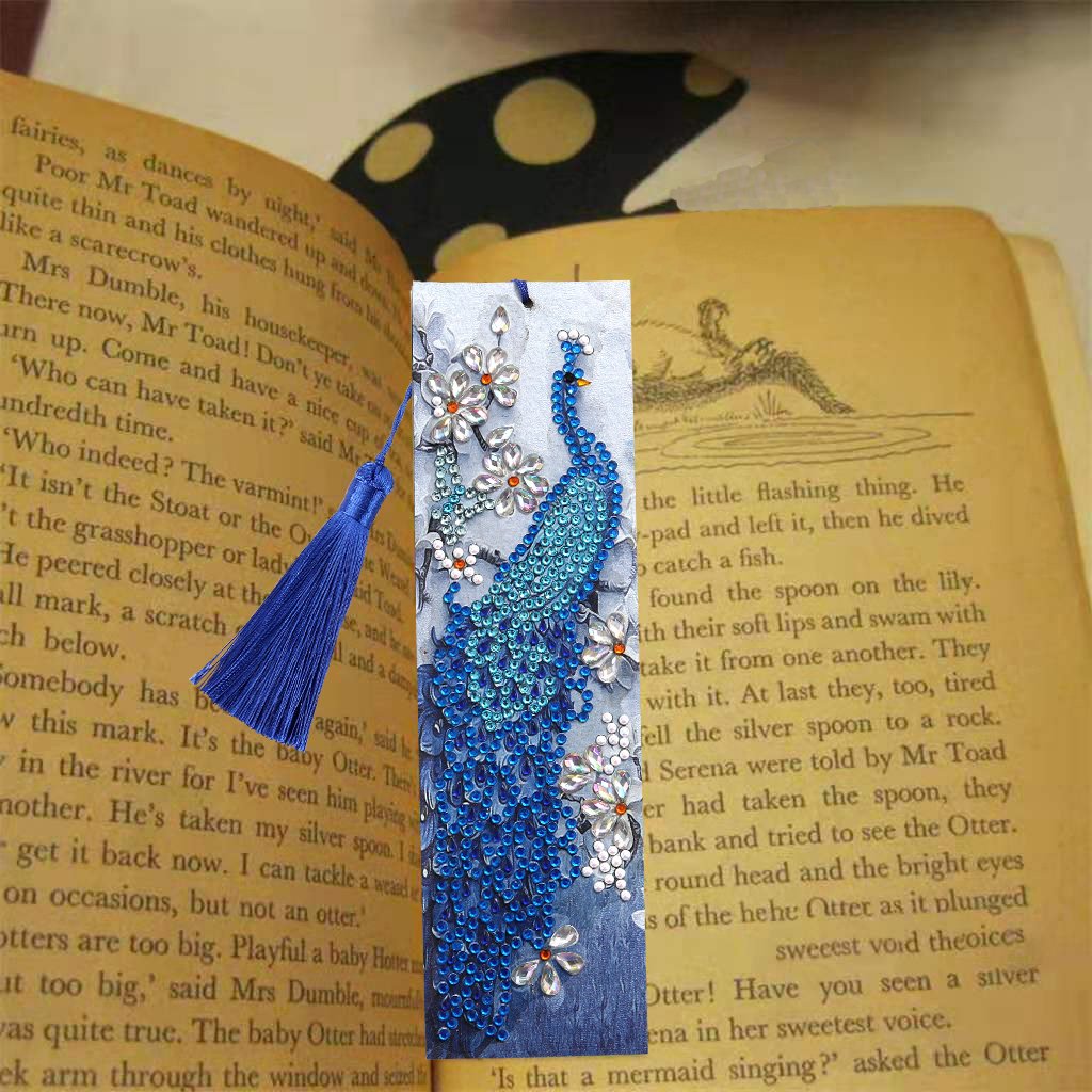DIY Peacock Special Shaped Diamond Painting Leather Bookmark with Tassel