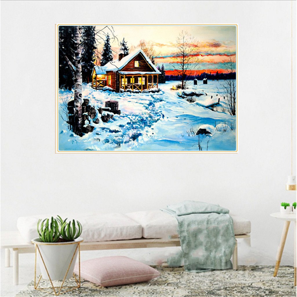 Cabane dans la neige | Kits complets de peinture au diamant rond 