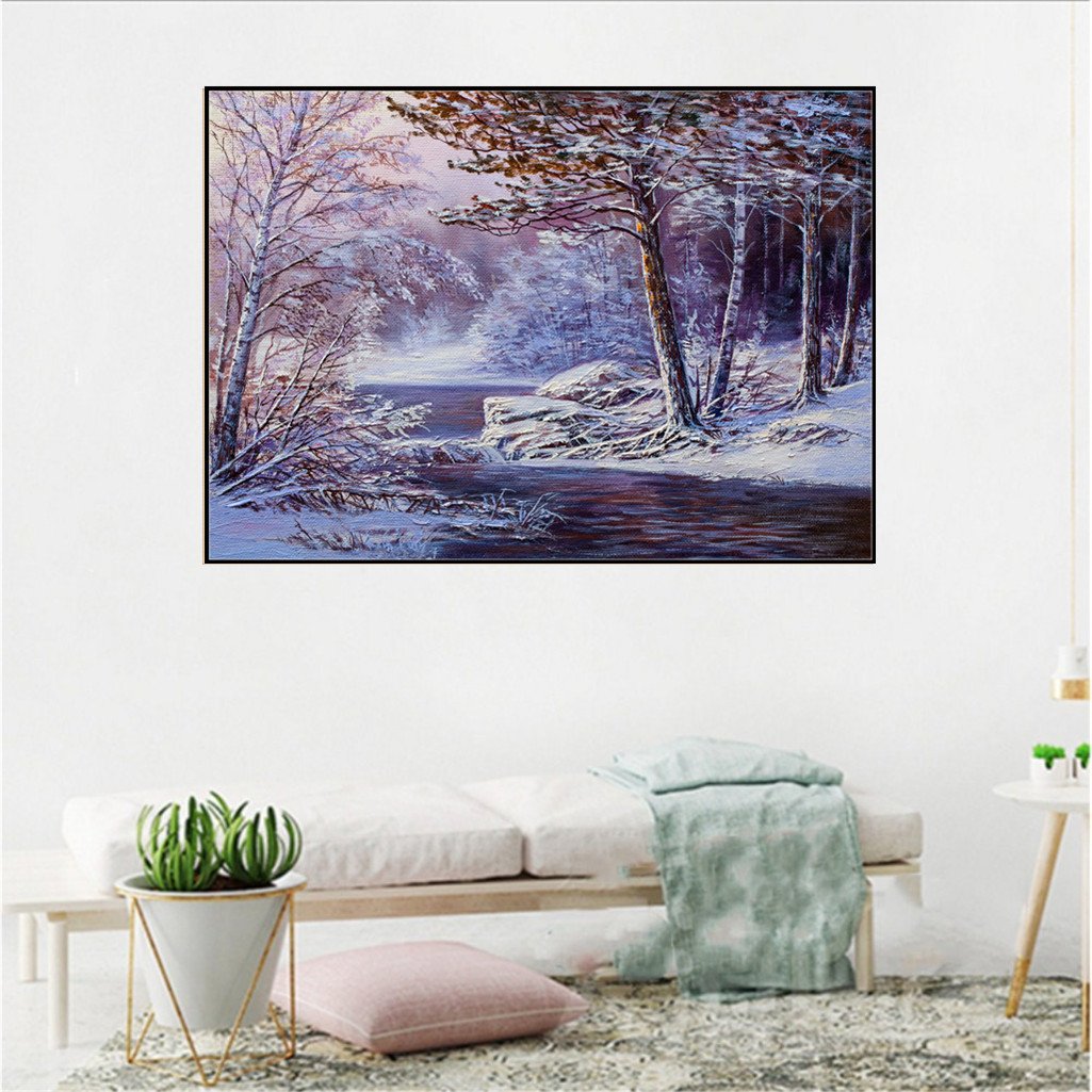 Paysage de neige | Kits complets de peinture au diamant rond 