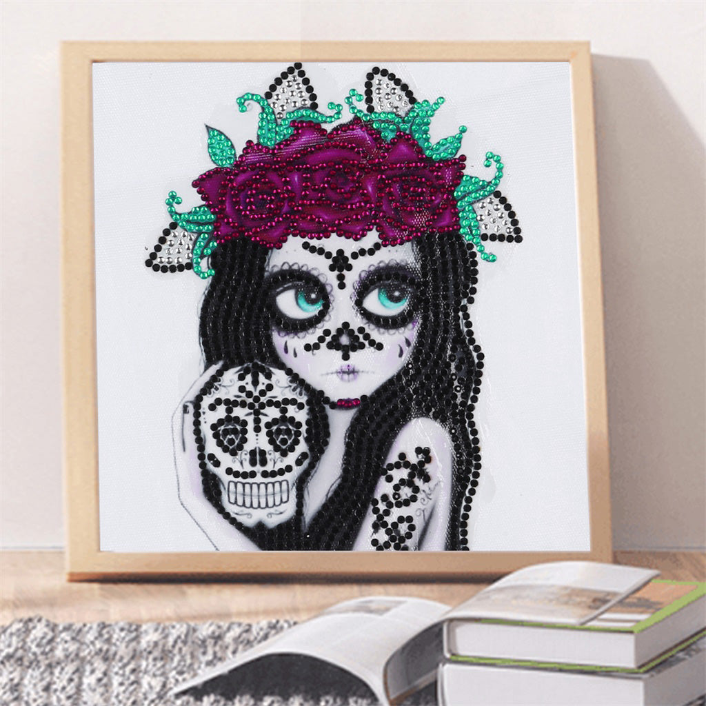 Girl And Skull  | Crystal Rhinestone  | Full Round Diamond Painting Kits