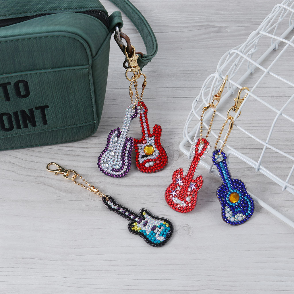 5pcs DIY Guitar Sets Special Shaped Full Drill Diamond Painting Key Chain with Key Ring Jewelry Gifts for Girl Bags