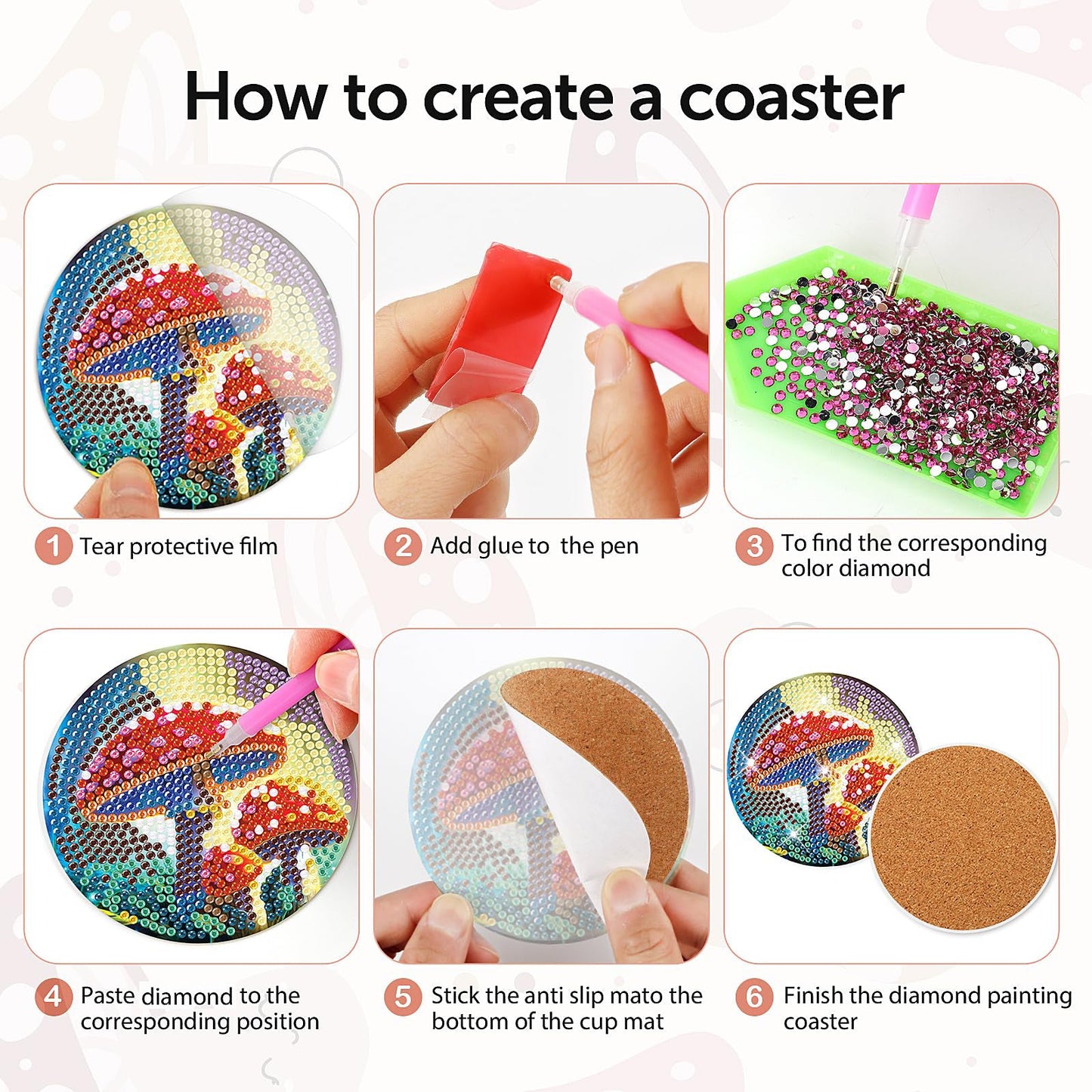 8 pcs set DIY Special Shaped Diamond Painting Coaster  | mushroom（no holder）