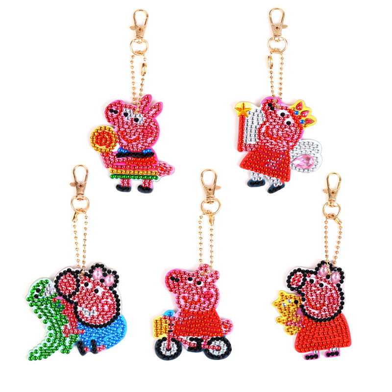 5pcs DIY Pig Sets Special Shaped Full Drill Diamond Painting Key Chain with Key Ring Jewelry Gifts for Girl Bags