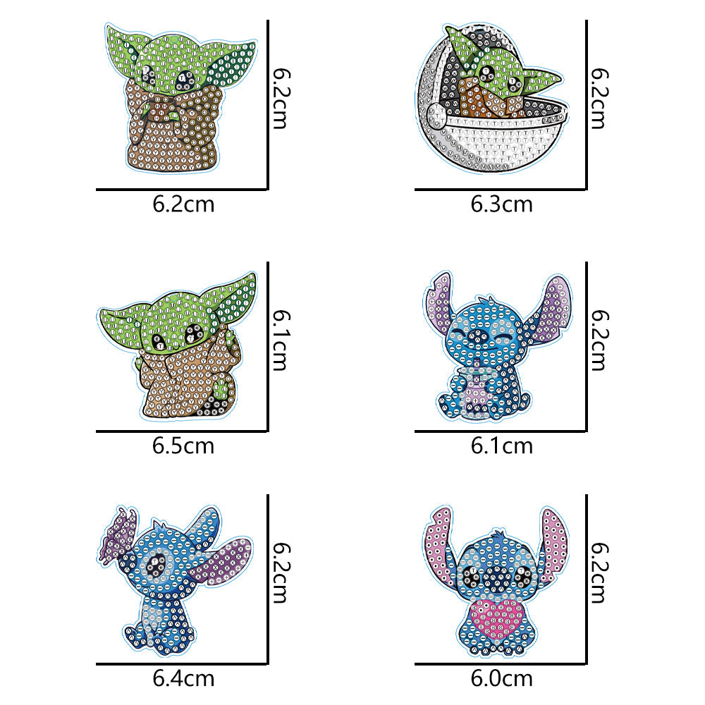 Porte-clés cordon en cuir peinture diamant bricolage | Stitch et Yoda | Ensemble de 6 pièces