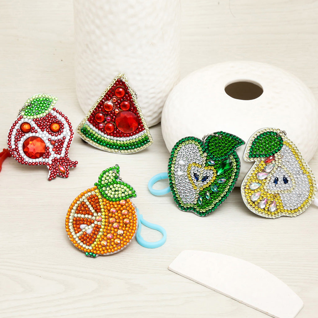 5 pièces bricolage ensembles de fruits en forme spéciale pleine perceuse diamant peinture porte-clés avec porte-clés bijoux cadeaux pour fille sacs 