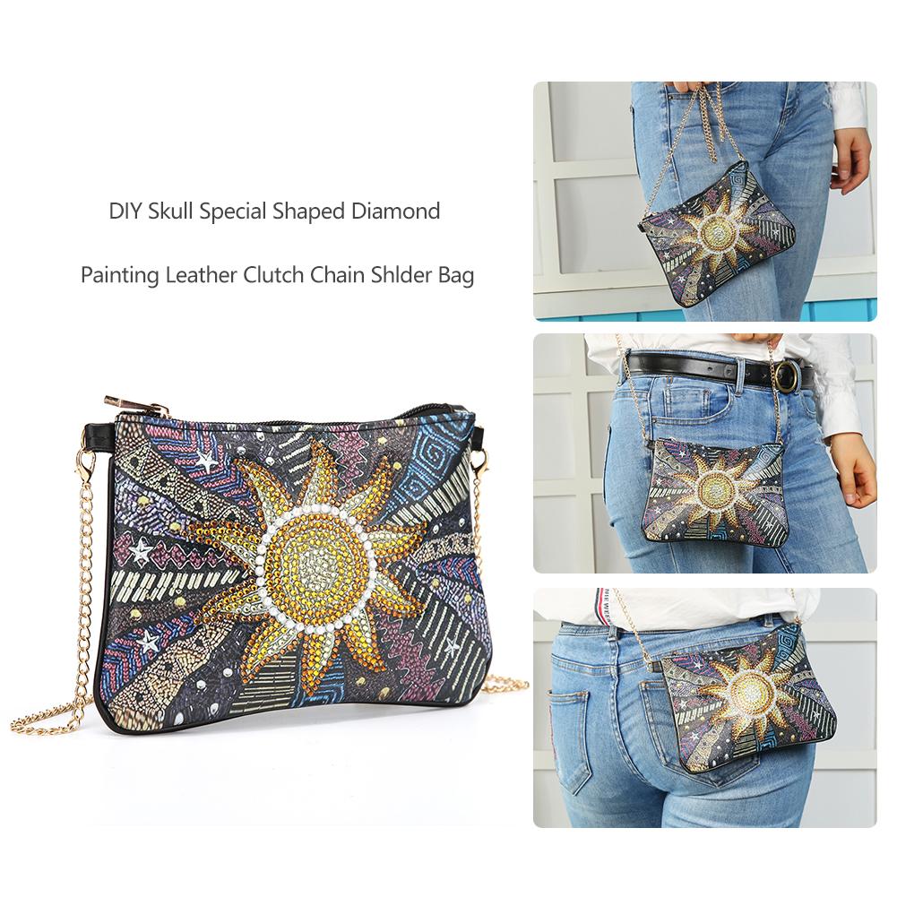 DIY Sun fleur en forme de diamant peinture sac de dame de chaîne à une épaule