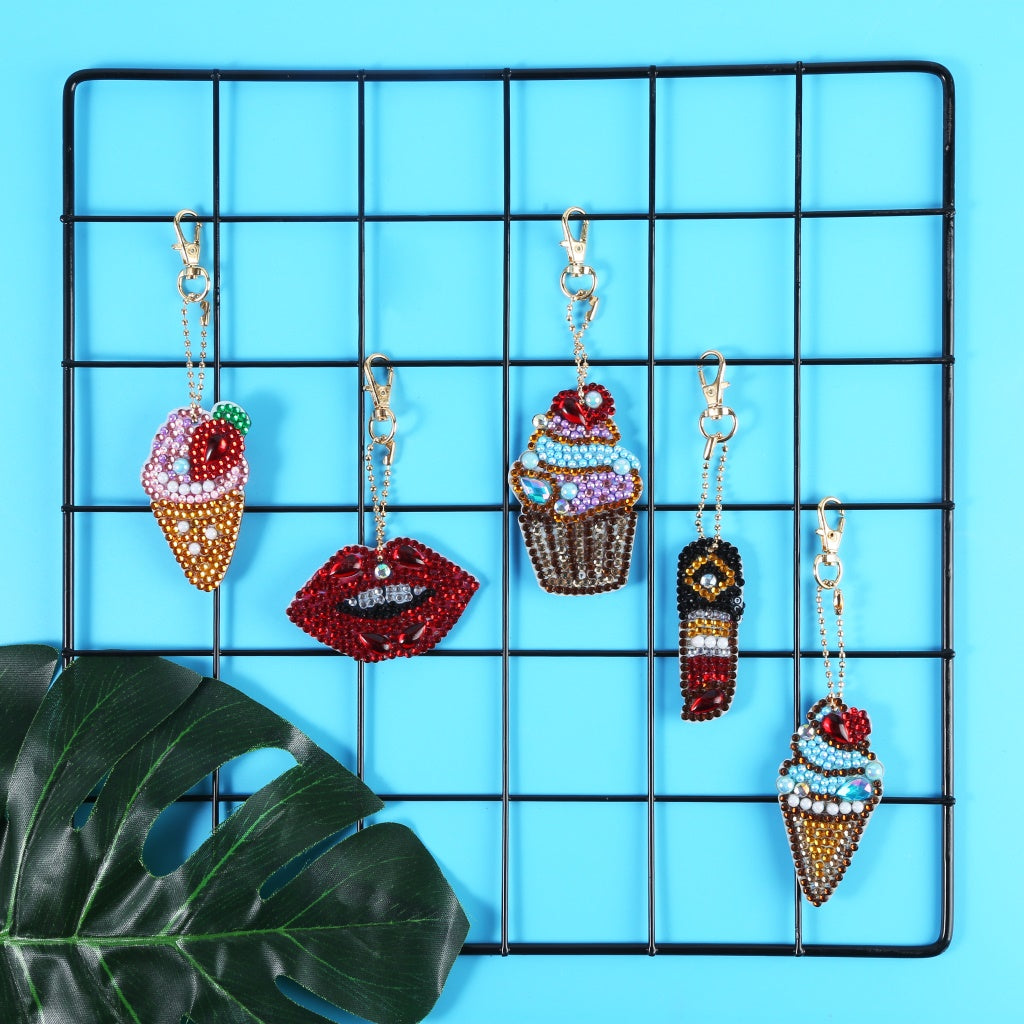 5pcs DIY Ice cream Sets Special Shaped Full Drill Diamond Painting Key Chain with Key Ring Jewelry Gifts for Girl Bags