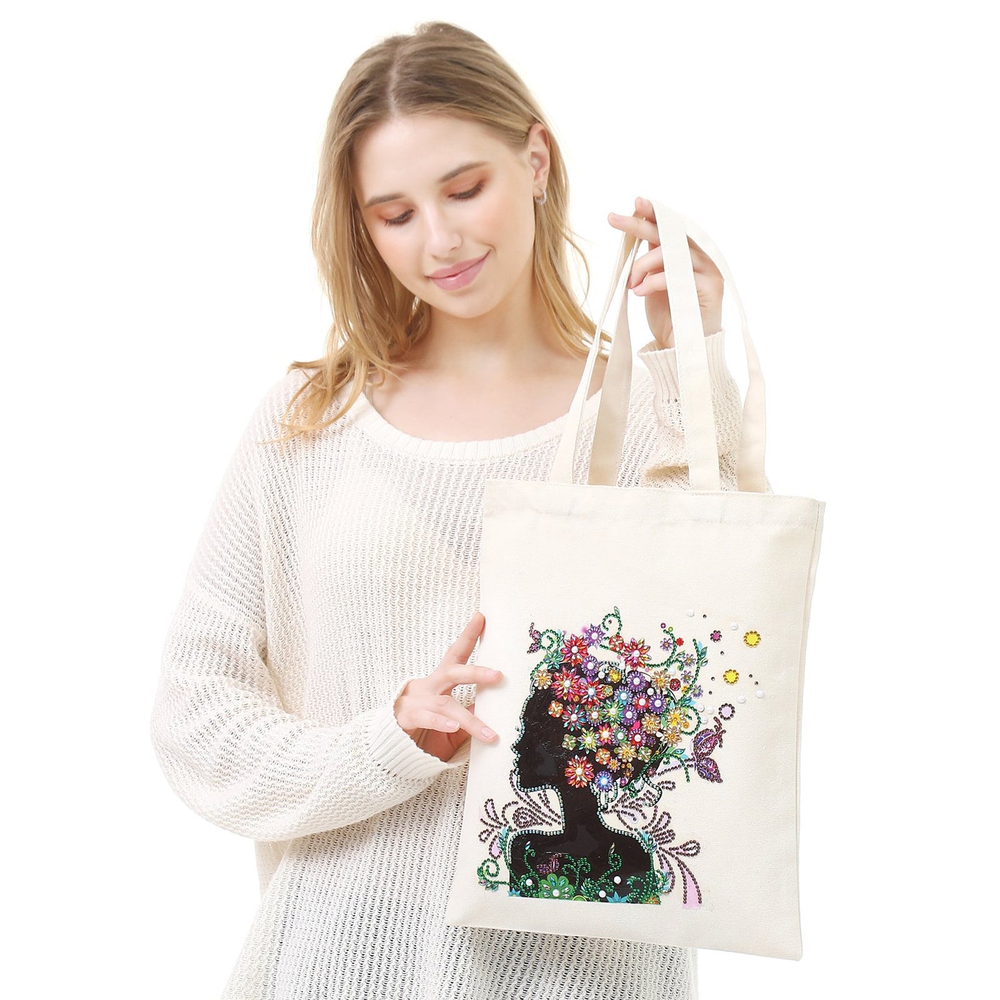 DIY Rhinestone Diamond Painting Flower Woman Tote Bag