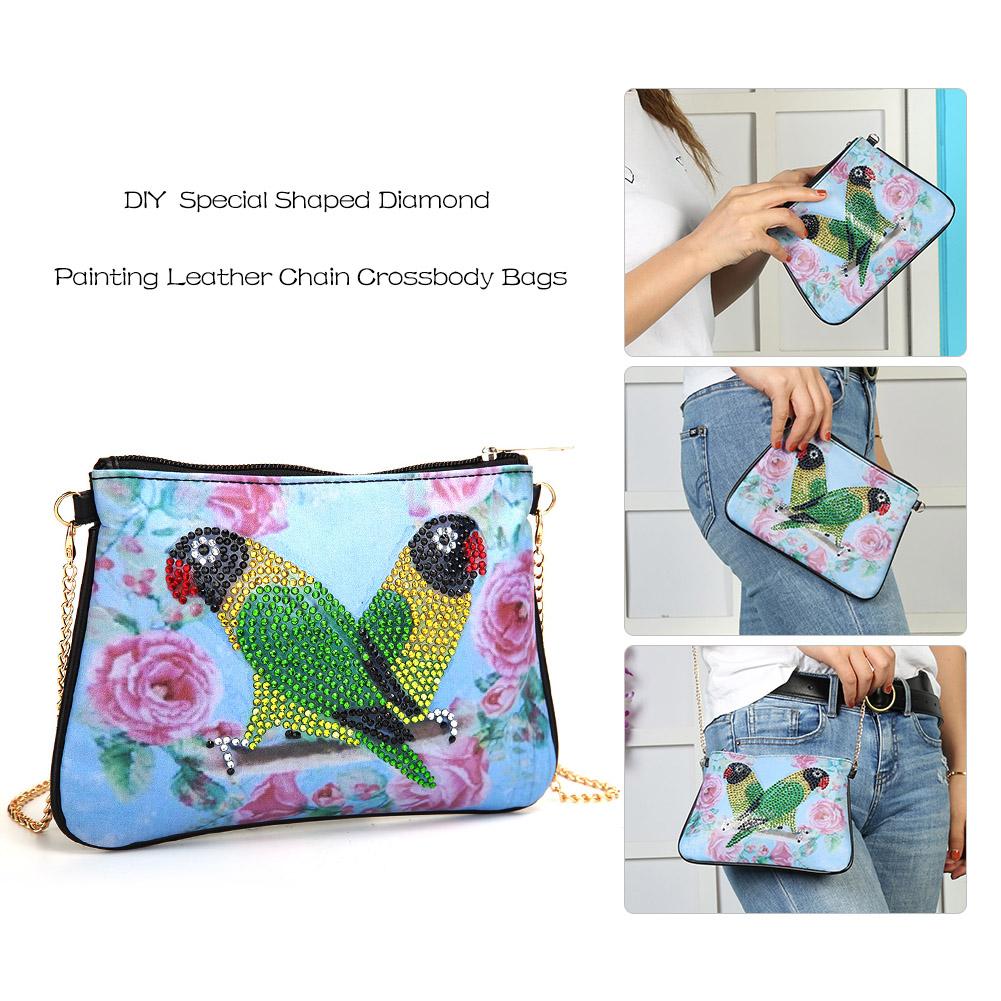 DIY papageiförmige Diamantmalerei-Damentasche mit einer Schulterkette