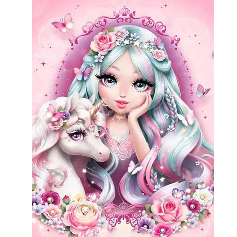 Cartoon Beauty And Unicorn | Full Round Diamond Painting Kits