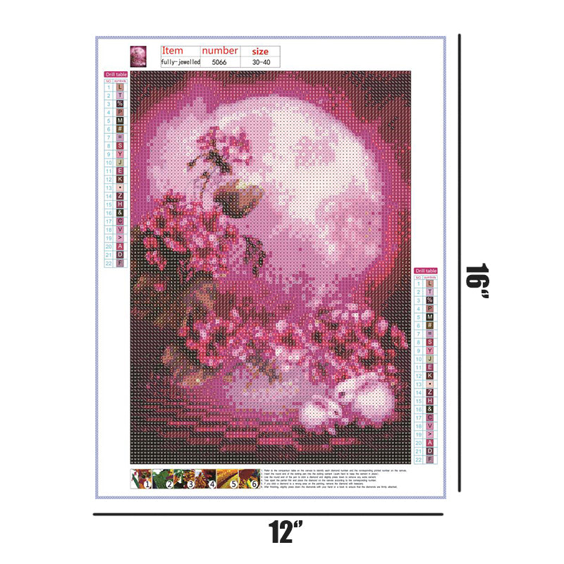 Pink Moon And Rabbit  | Full Round Diamond Painting Kits