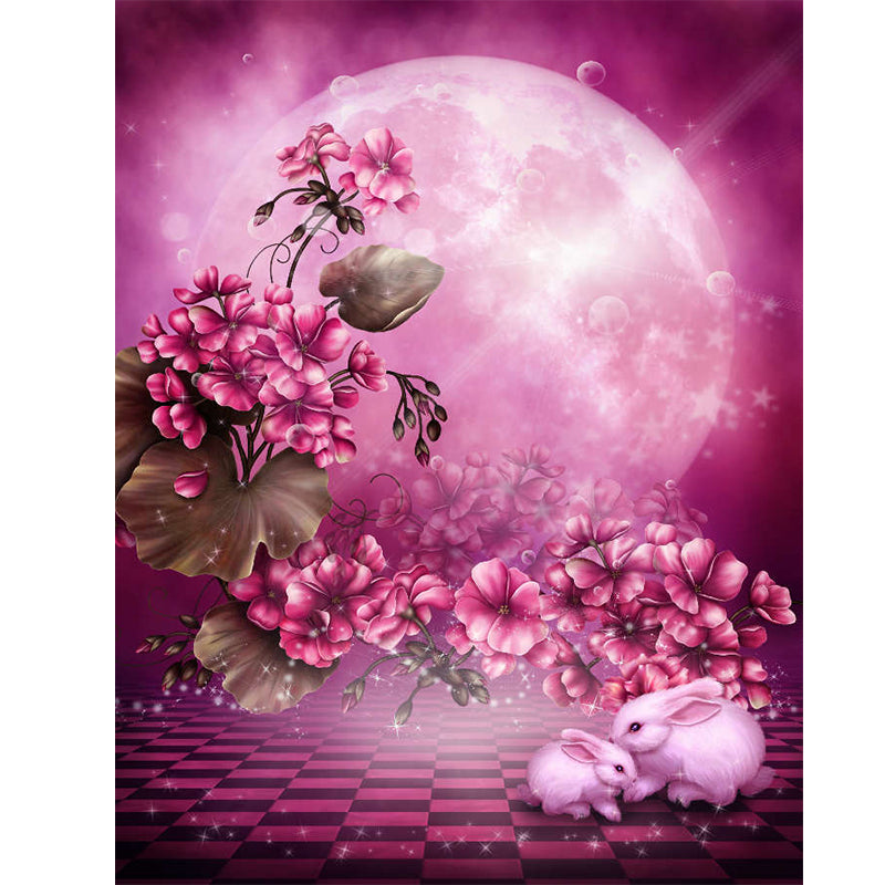 Pink Moon And Rabbit  | Full Round Diamond Painting Kits