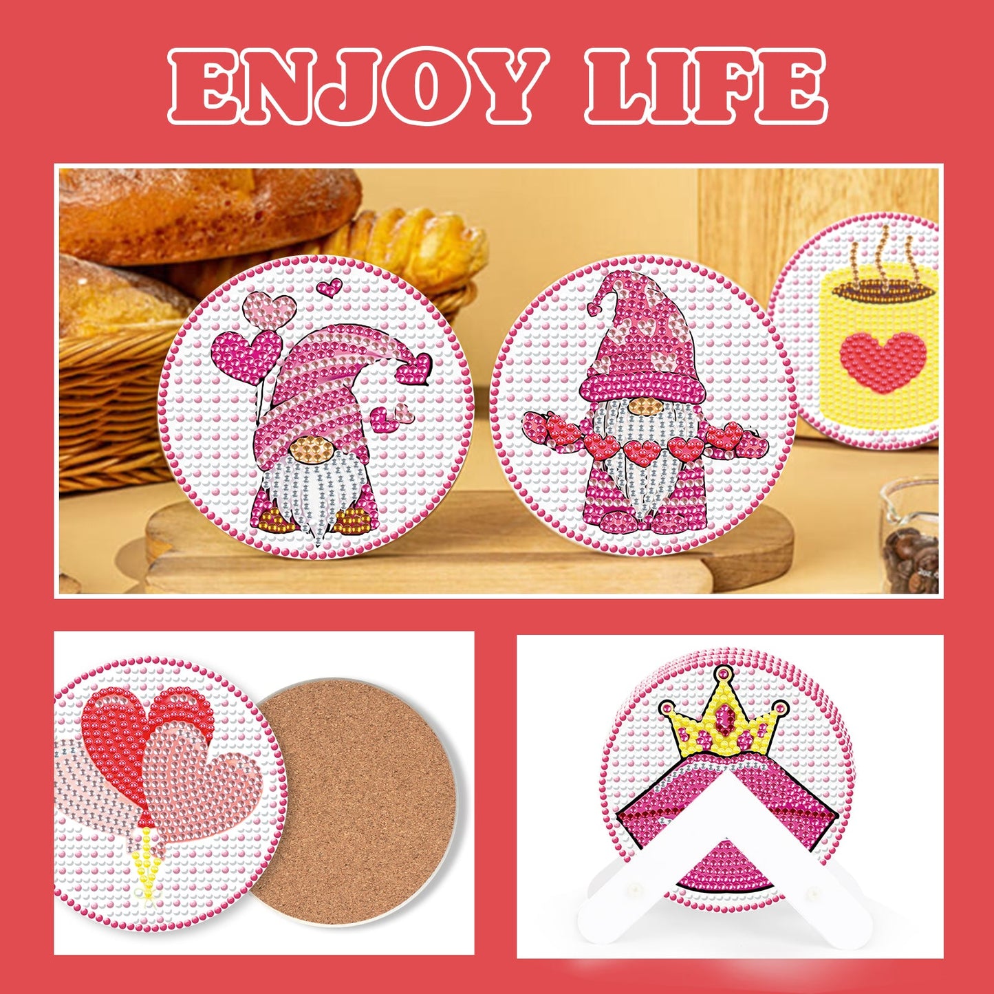 6 pcs set DIY Special Shaped Diamond Painting Coaster | Valentine's Day Gnome